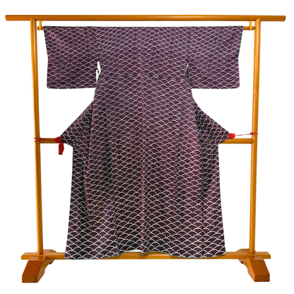 Pre-Owned Silk Komon Kimono with Deep Plum Seigaiha Pattern