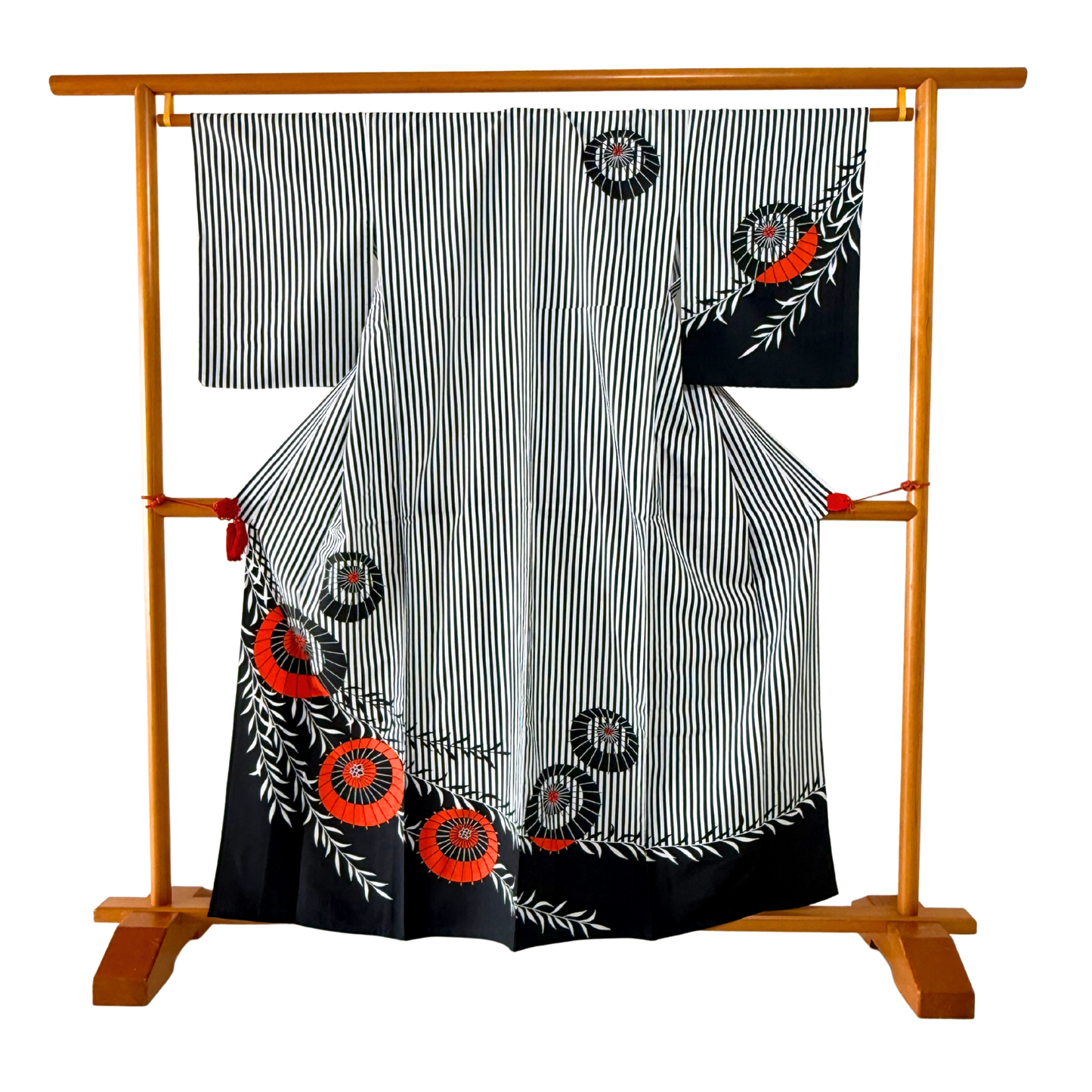 Pre-Owned Kimono Black & White Stripe with Red Umbrella Motif / Japanese Komon