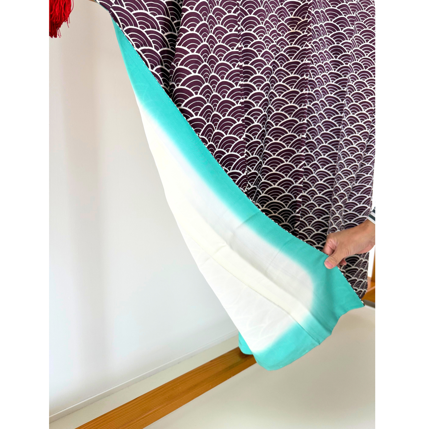 Pre-Owned Silk Komon Kimono with Deep Plum Seigaiha Pattern